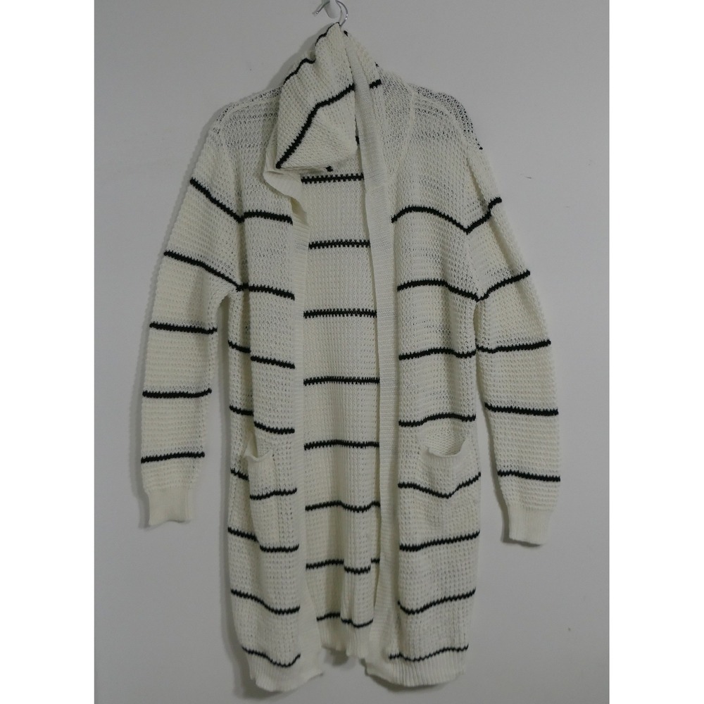 Coco & Shay Womens Open Knit Cardigan XL White Black Hooded Nautical Longline